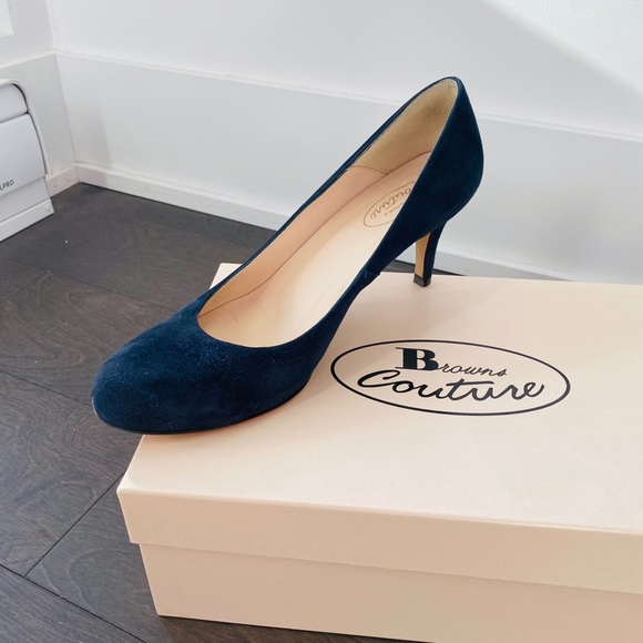 [SOLD] Brown Couture Suede Navy Blue High Heels - Picture 1 of 9